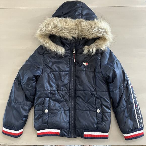 Tommy Hilfiger Unisex Kids Puffer Coat Jacket Hood Faux Fur Heart Logo 6X Blue - Picture 2 of 11